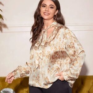Satin Leopard Tie-Neck Blouse - Cream & Tan